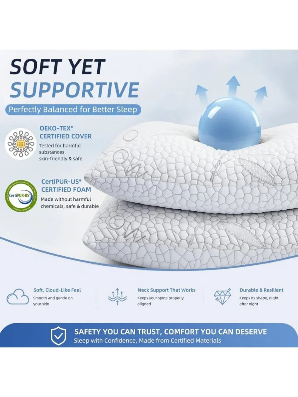 Cooling Shredded Memory Foam Pillows Set of 2 - Queen Size, Bamboo Cover